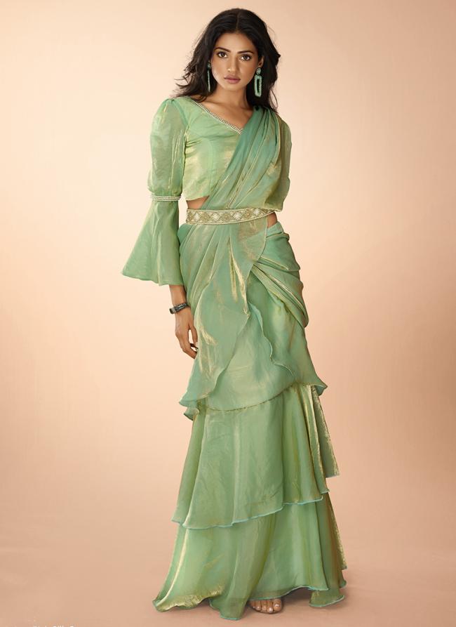 Organza Green Party Wear Hand Work Ready To Wear Saree